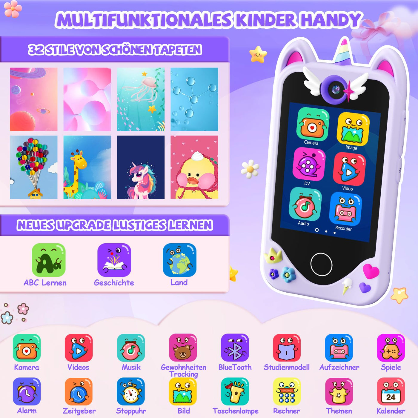Kinder Handy Smartphone Mädchen Geschenke - Weihnachten Geburtstag Geschenke ab 3 4 5 6 Jahre Mädchen, Kinderhandy Spielzeug mit Touchscreen, Dual-Kameras, Lernen, Musik-Player (Lila)