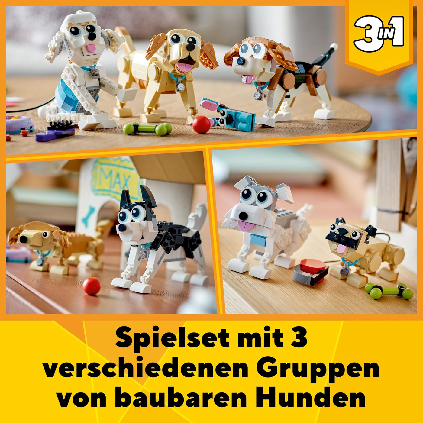 LEGO 31137 Creator 3in1 Niedliche Hunde Set mit Dackel-, Mops-, Pudel-Tierfiguren und mehr, Spielzeug für Kinder ab 7 Jahren, Geschenk für Hundeliebhaber