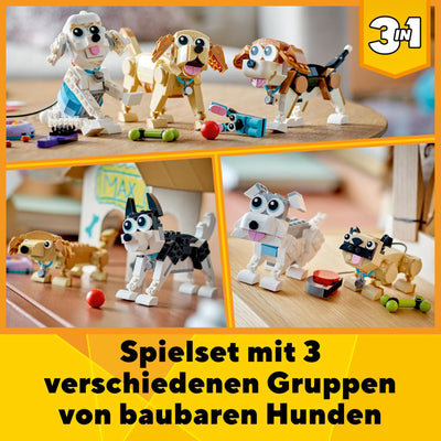 LEGO 31137 Creator 3in1 Niedliche Hunde Set mit Dackel-, Mops-, Pudel-Tierfiguren und mehr, Spielzeug für Kinder ab 7 Jahren, Geschenk für Hundeliebhaber