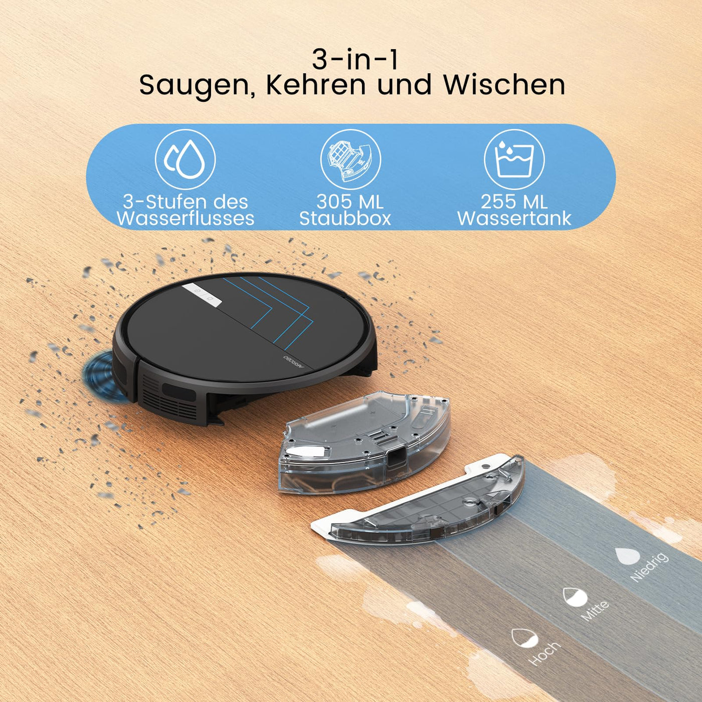 AIRROBO Saugroboter mit Wischfunktion, P30 Staubsauger Roboter, 3000Pa Saugkraft, 3 in 1 Roboterstaubsauger für Tierhaare, Teppich, Hartböden, Wischroboter mit Fernbedienung, 120Min Laufzeit