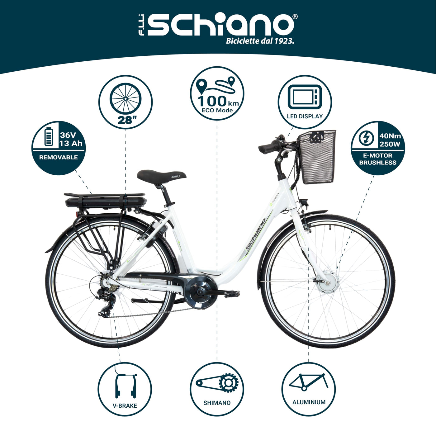 F.lli Schiano E-Moon, E Bike für die Stadt 28 Zoll, 36V 13Ah Abnehmbarer Akku, Motor 250W 40Nm, City Ebike für Herren/Damen, Weiss, Korb