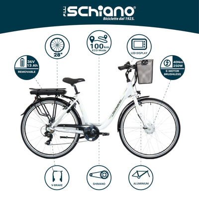 F.lli Schiano E-Moon, E Bike für die Stadt 28 Zoll, 36V 13Ah Abnehmbarer Akku, Motor 250W 40Nm, City Ebike für Herren/Damen, Weiss, Korb