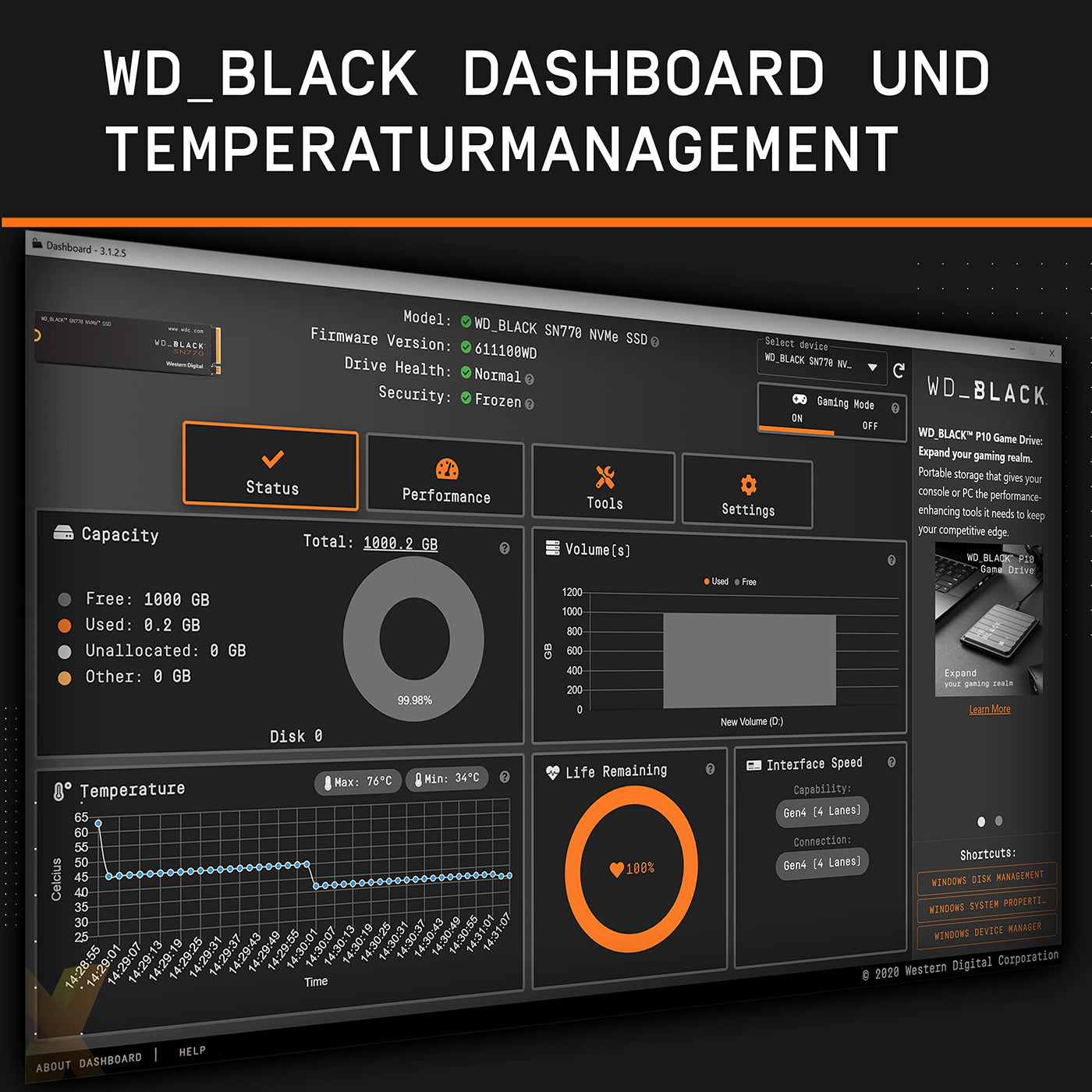 WD_BLACK SN770 NVMe SSD 2 TB (High-Performance, Gaming, PCIe Gen4, M.2 2280, Lesen 5.150 MB/s, Schreiben 4.850 MB/s) Schwarz
