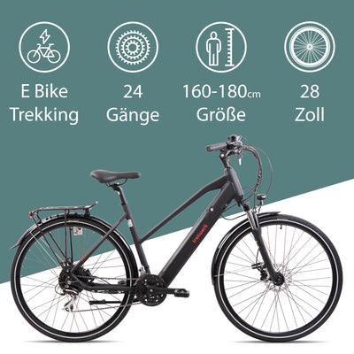 TRETWERK 28 Zoll E-Bike Seville 5.0 schwarz- Trekkingbike Damenfahrrad mit 24 Gang Kettenschaltung - Elektrofahrrad mit Heckmotor 250W, 36V