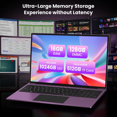 jumper Laptop 16 Zoll IPS 1920x1200, Intel N150(3,6 GHz), 16GB RAM 1TB SSD + 128GB eMMC Notebook, 2 Stereo-Lautsprecher, USB 3.0/Mini HDMI/38Wh Akku (Lila)
