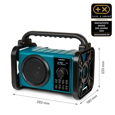 MEDION E66877 DAB+ Baustellenradio (Robustes Gehäuse, Spritzwassergeschützt (IP44), Bluetooth 5.0, PLL UKW Radio, LED-Arbeitslicht, Akku- und Netzbetrieb) blau