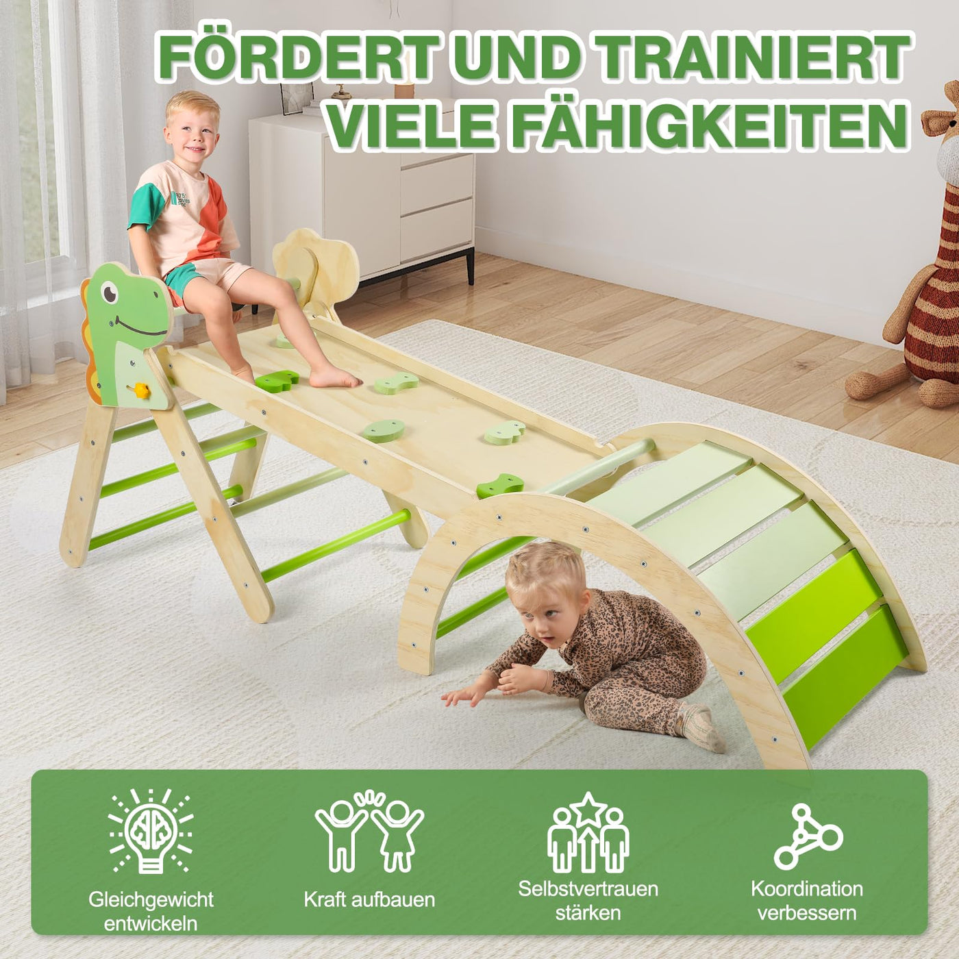 7-in-1 Montessori Kletterdreieck Set mit Rutsche, Kletterbogen & weichem Kissen – Holz Klettergerüst für Babys & Kleinkinder ab 1–3 Jahre, Indoor Spielgerät, faltbar & sicher (Dinosaur)
