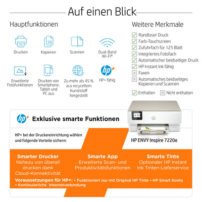 HP Envy Inspire 7220e Multifunktionsdrucker, Tintenstrahldrucker, 20€ Cashback, 3 Monate gratis drucken mit HP Instant Ink inklusive, HP+, Drucken, Scannen, Kopieren, Fotodruck, DIN A4, WLAN, Airprint