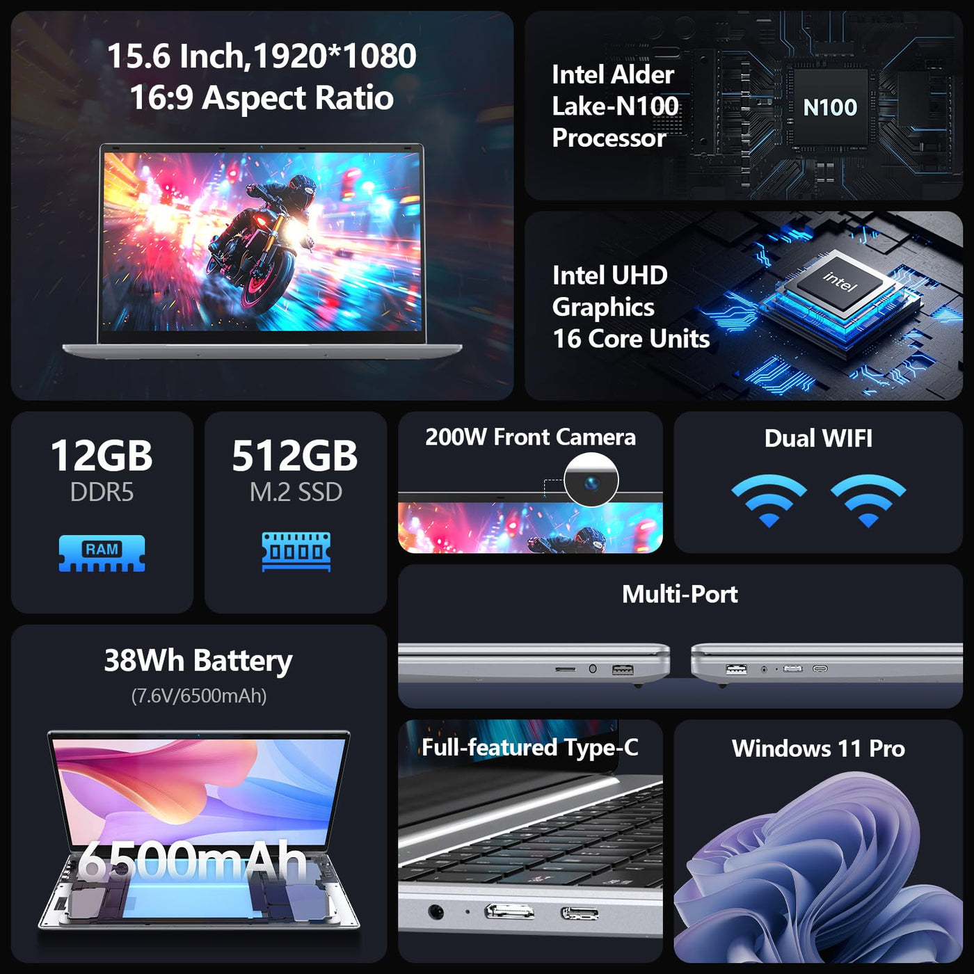 Gezoon 15,6 Zoll Laptop, 12th Quad Core N100 (bis zu 3,4 GHz) CPU, 12 GB LPDDR5 RAM 512 GB SSD, 2K FHD IPS Laptops, 2,4G/5G WiFi, Webcam, voll ausgestatteter Typ-C, Akku mit großer Kapazität