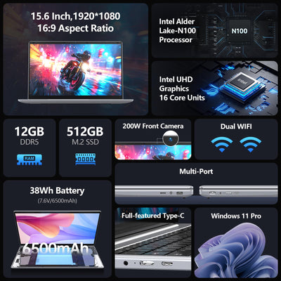 Gezoon 15,6 Zoll Laptop, 12th Quad Core N100 (bis zu 3,4 GHz) CPU, 12 GB LPDDR5 RAM 512 GB SSD, 2K FHD IPS Laptops, 2,4G/5G WiFi, Webcam, voll ausgestatteter Typ-C, Akku mit großer Kapazität