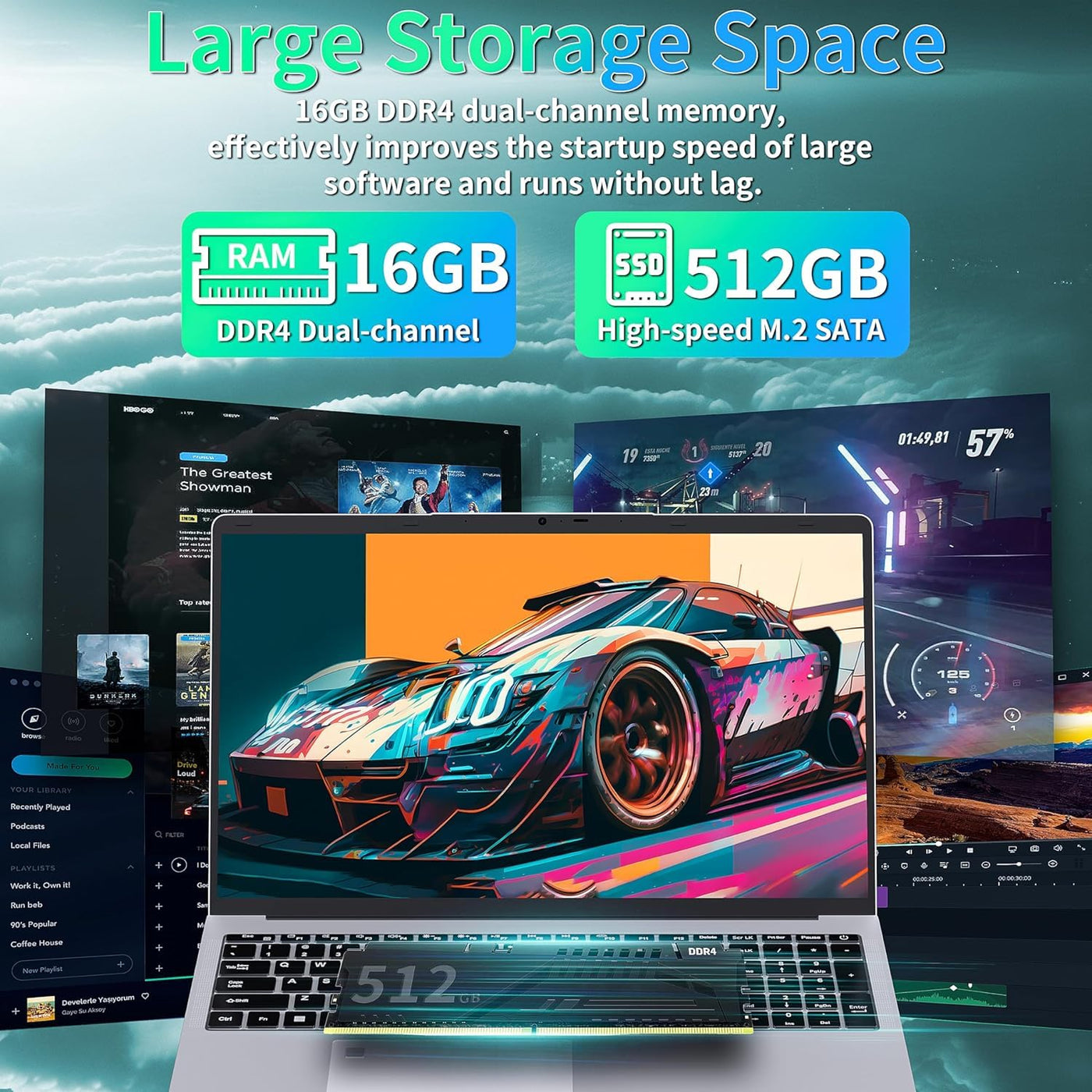 Fsjun17.3 Zoll Laptop, Celeron N5095 bis 2,9 GHz, 16GB RAM, 512GB SSD, FHD IPS, Fingerabdruck, Beleuchtete Tastatur, Mini HDMI, 3× USB 3.0 (Silber, 16+512GB)