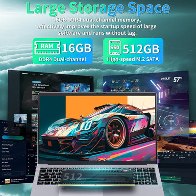 Fsjun17.3 Zoll Laptop, Celeron N5095 bis 2,9 GHz, 16GB RAM, 512GB SSD, FHD IPS, Fingerabdruck, Beleuchtete Tastatur, Mini HDMI, 3× USB 3.0 (Silber, 16+512GB)