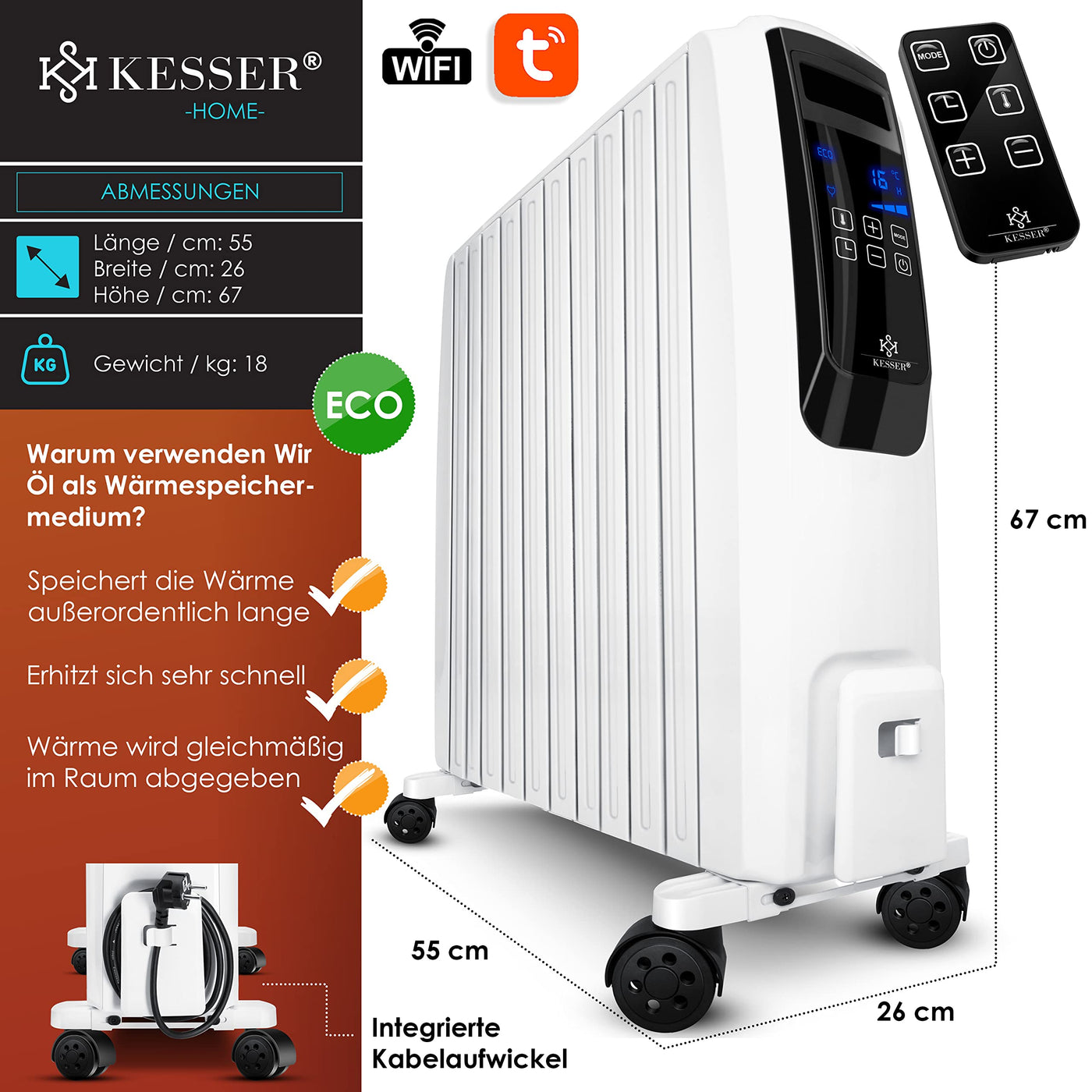 KESSER® 2500W Ölradiator mit WiFi App & Fernbedienung digitalem Display- elektrischer energiesparender Heizkörper mit 10 Rippen, Timer Zeitschaltuhr, 4 Heizstufen, Thermostat, Weiß