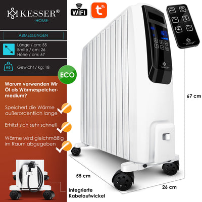 KESSER® 2500W Ölradiator mit WiFi App & Fernbedienung digitalem Display- elektrischer energiesparender Heizkörper mit 10 Rippen, Timer Zeitschaltuhr, 4 Heizstufen, Thermostat, Weiß