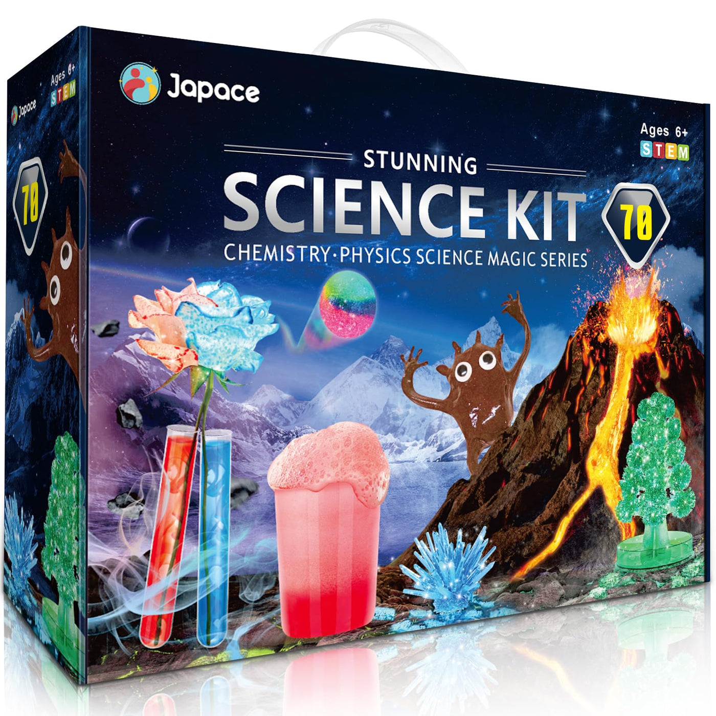 Japace 70 Experimente für Kinder, Wissenschaft Experimentierkasten Labor STEM Spielzeug 4-6-8-10-12 Jahre Geschenke für Jungen Mädchen, Chemie-Set, Kristalle Züchten, Vulkan, Gummiball