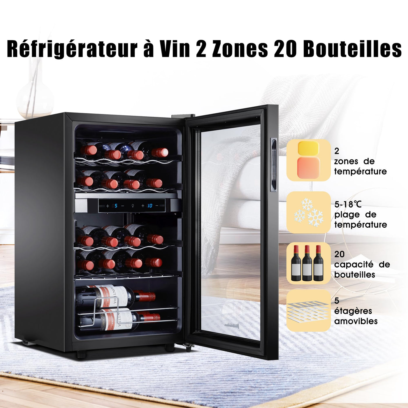 Kalamera Weinkühlschrank 2 Zonen, Touch-Bedienfeld,Schwarze Glastür, Verdeckter Griff, Flaschenkühlschrank 20 Flaschen, 68Liter, 5-18°C Kühlzone, KRC-68BFG