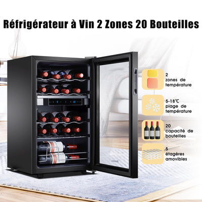 Kalamera Weinkühlschrank 2 Zonen, Touch-Bedienfeld,Schwarze Glastür, Verdeckter Griff, Flaschenkühlschrank 20 Flaschen, 68Liter, 5-18°C Kühlzone, KRC-68BFG
