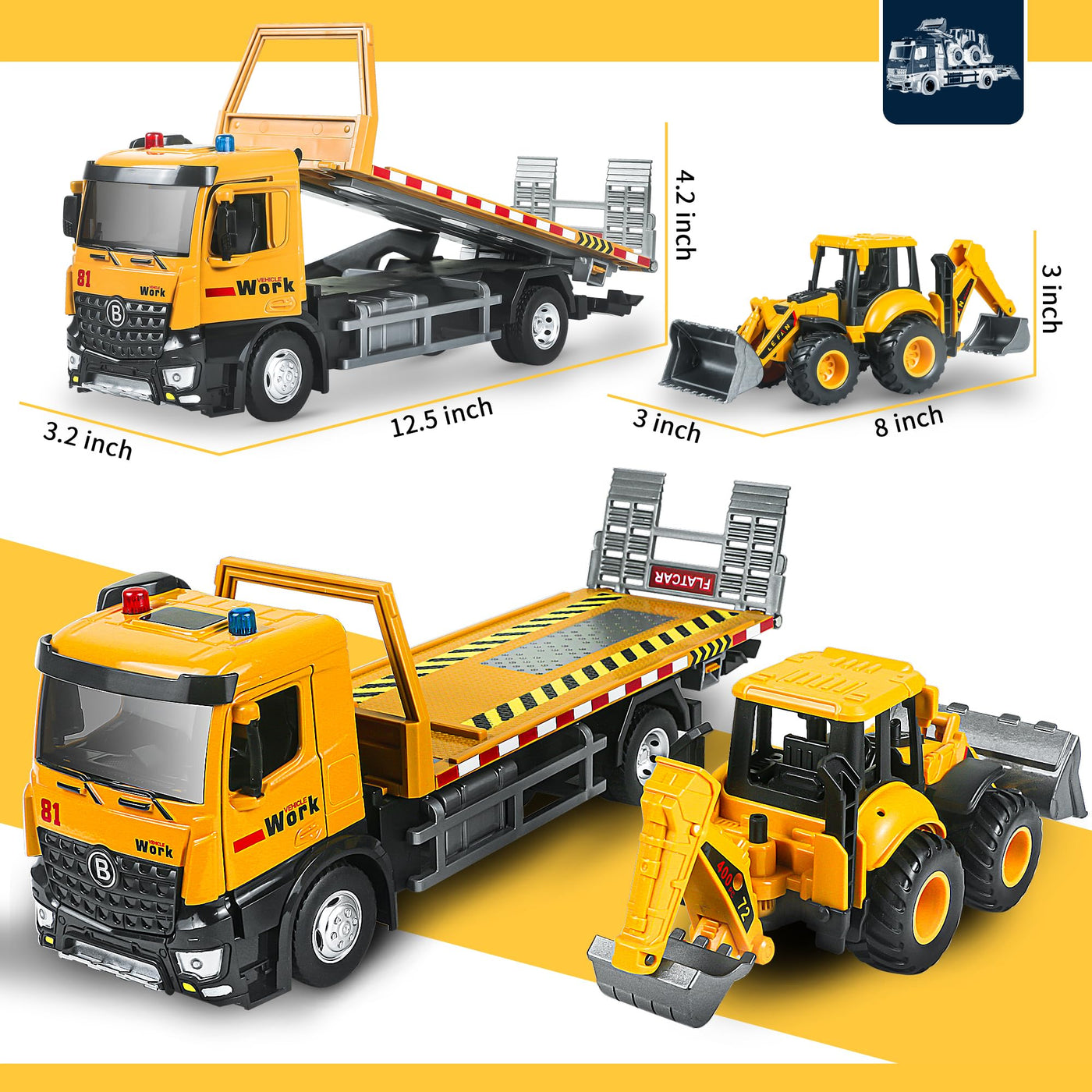 FUYLEY Abschleppwagen Spielzeug, Metallkabine Flachbett Abschleppwagen Spielzeug für Jungen Alter 3-7 mit Baggerlader, Reibung angetrieben Anhänger Baufahrzeuge mit Lichtern Sounds