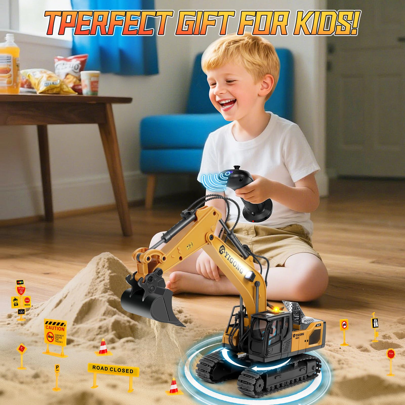 Charmofun Ferngesteuerter Bagger, 2,4GHz Bagger Spielzeug mit Schwerkraftgesteuerter Fernsteuerung, Stufenlos Rotierender RC Radlader mit Lichtern und Musik, Geschenke für Jungen Ab 5-12 Jahre