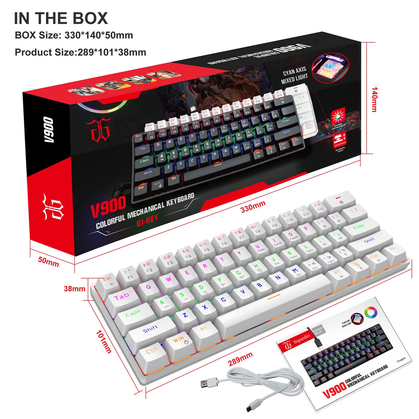Snpurdiri 60% kabelgebundene Mechanische Gaming Tastatur, Anti-Ghosting 61 Tasten, RGB-Hintergrundbeleuchtung, Ultrakompakter Blauer Schalter, Doppelfuß, Weiß