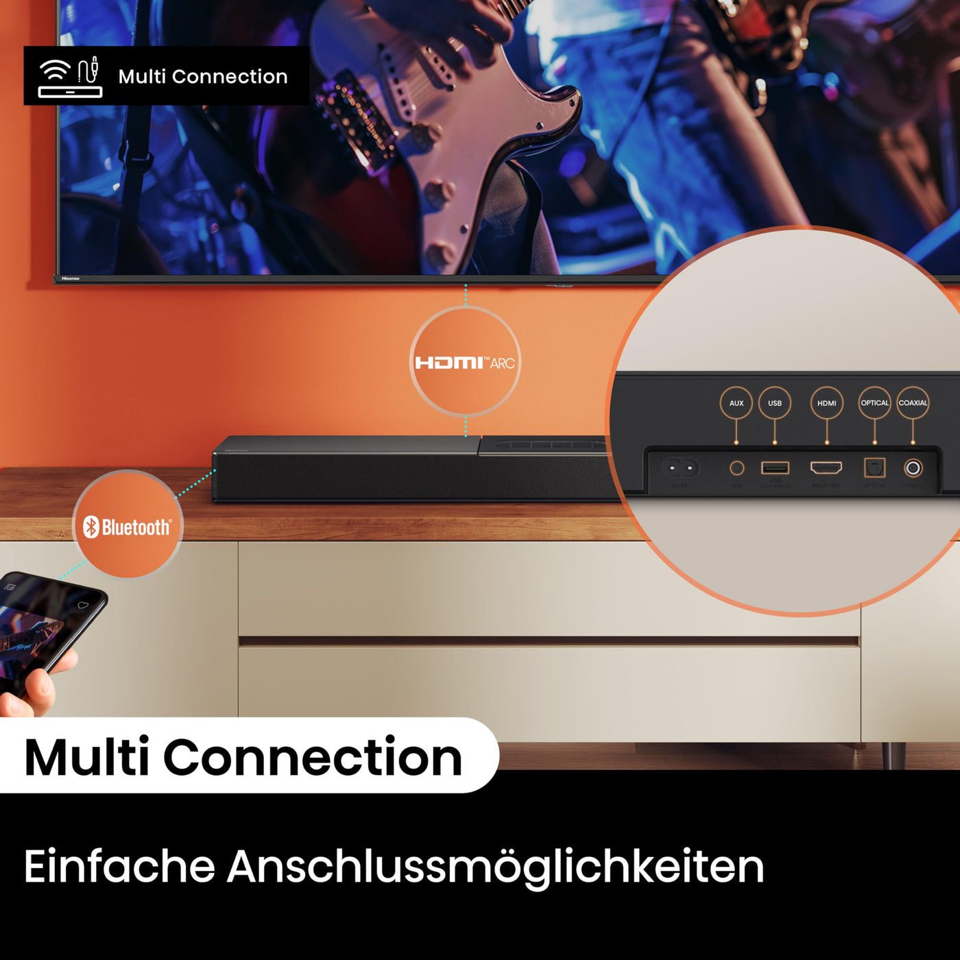 Hisense HS2000 2.1 Kanal Soundbar mit integriertem Subwoofer, 240W, Dolby Audio, Bluetooth, HDMI ARC/Optical/AUX/USB, Schwarz