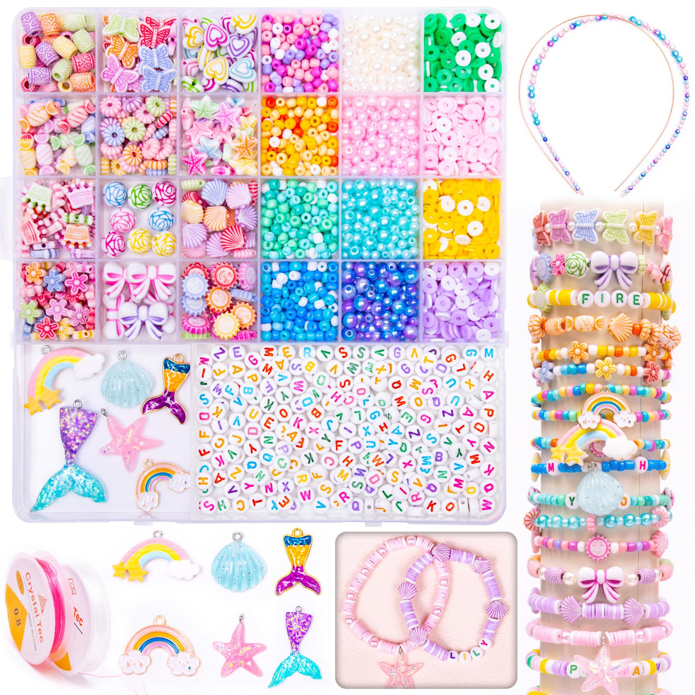 MiuCo Perlen Set für Armbänder Selber Machen für Bastelset Kinder ab 6 jahre, Schmuck Basteln Mädchen 8 jahre für Geschenke, Bunte Perlen zum auffädeln Geschenke Mädchen 5 7 9 10 Jahre