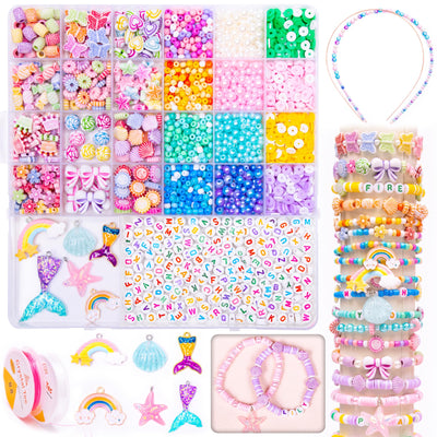 MiuCo Perlen Set für Armbänder Selber Machen für Bastelset Kinder ab 6 jahre, Schmuck Basteln Mädchen 8 jahre für Geschenke, Bunte Perlen zum auffädeln Geschenke Mädchen 5 7 9 10 Jahre