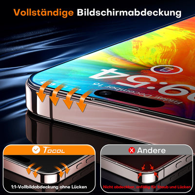 TOCOL für iPhone 16 Pro für Panzerglas, Full Screen Stoßfest Schutzglas Auto-Installation 9H Härte folie Kratzfest Anti-Fingerabdruck Anti-Öl Anti-Bläschen Schutzfolie für iPhone 16 Pro, 2 Stück