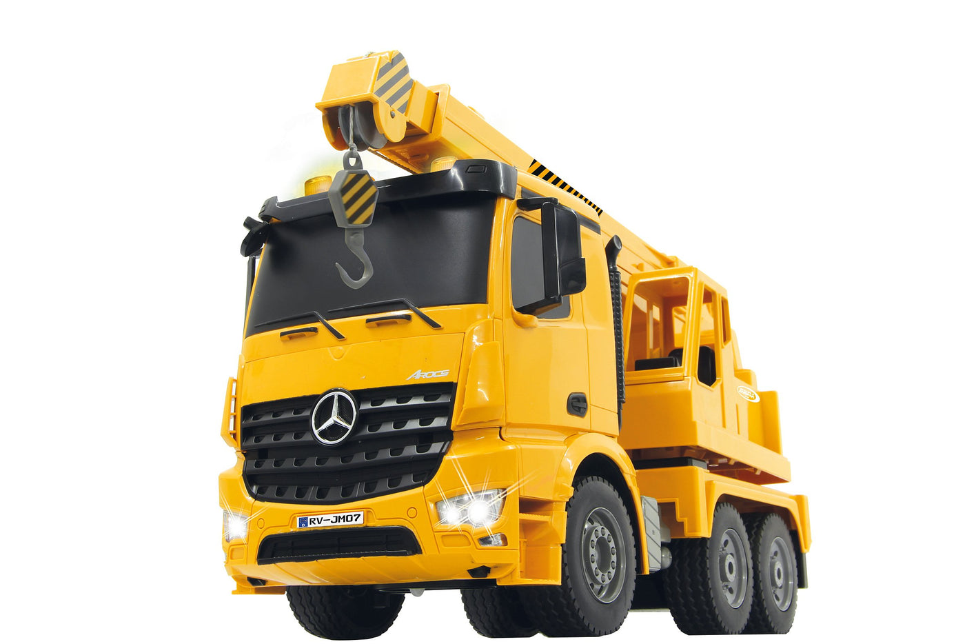 JAMARA 404950 - Schwerlastkran Mercedes Arocs 1:20 2,4G - drehbarer und ausfahrbarer Kran, Seil Heben/senken, realistischer Motorsound, Hupe, Rückfahrwarnsound, 4 Radantrieb,gelbe LED Signallichter