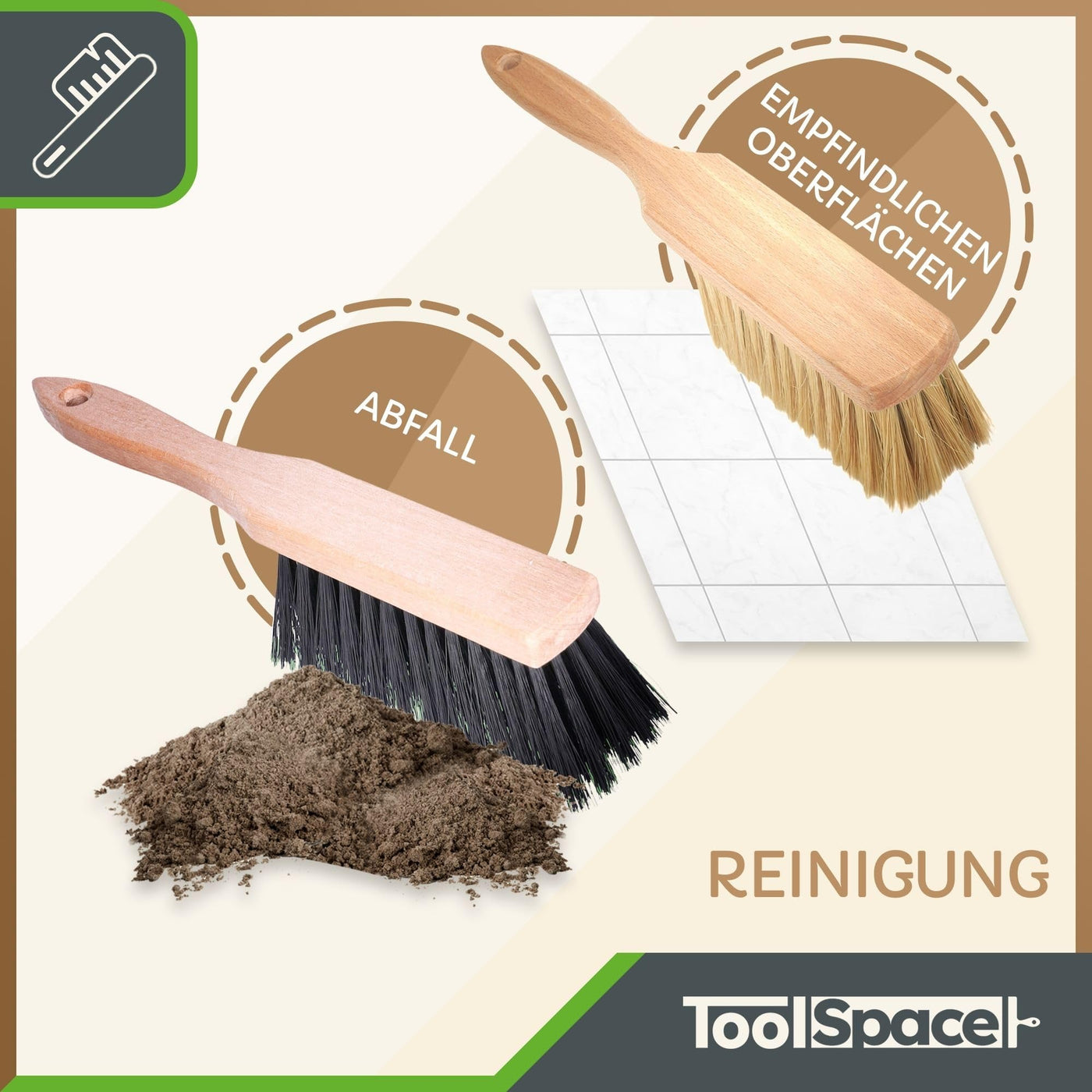 ToolSpace Handbesen x 2 - Handfeger aus Holz | Kehrwisch Besen Kunstborsten | Handkehrbesen | Handbesen Kamin, Camping | Kunststoff | Besen Winkel | Kehrset | Holzgriff Bürste | Hand Staubsauger