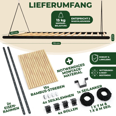 MyZone Wäscheständer Decke platzsparend, ausziehbar, stabil, 115x60cm | Wäschetrockner Deckenmontage, Deckentrockner klappbar, Hochtrockner | Badewanne, Balkon | Bambus Holz, schwarz matt