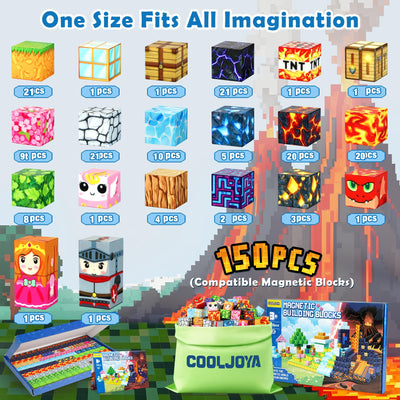 COOLJOYA Magnetische Bausteine,150 Teile Magnetbausteine Magnetspielzeug Magneten Kinder, Magnetische Bauwelt Spielzeug Magnetblöcke für Kinder ab 3 4 5 6 7 8 9 Jahre Verstaubare Halloween Christmas