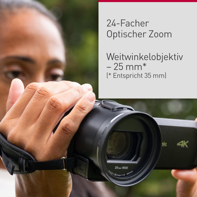 Panasonic HC-VX3E-K 4K-Camcorder, 4K-Video (25p), 25-mm-F1.8-Weitwinkelobjektiv, 24-facher optischer Zoom, Hybrid OIS+, HDR, Zoom-Mikrofon, Touchscreen, kreative Funktionen, Schwarz
