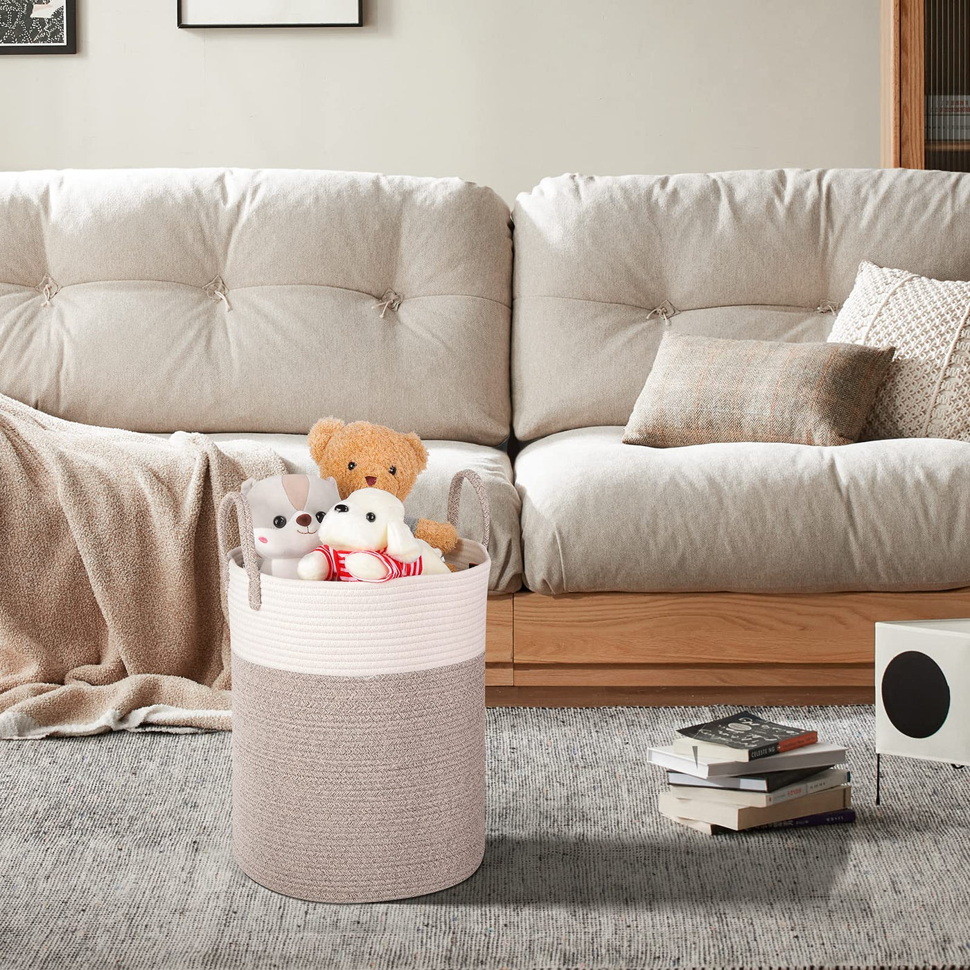 VORHOT Wäschekorb Geflochten aus Baumwolle, 53L Wäschesammler mit Henkel, Laundry Basket Aufbewahrungskorb Spielzeug, Korb Wäschebox für Wäschekammer Kinderzimmer Wohnzimmer Bad, 46x38cm