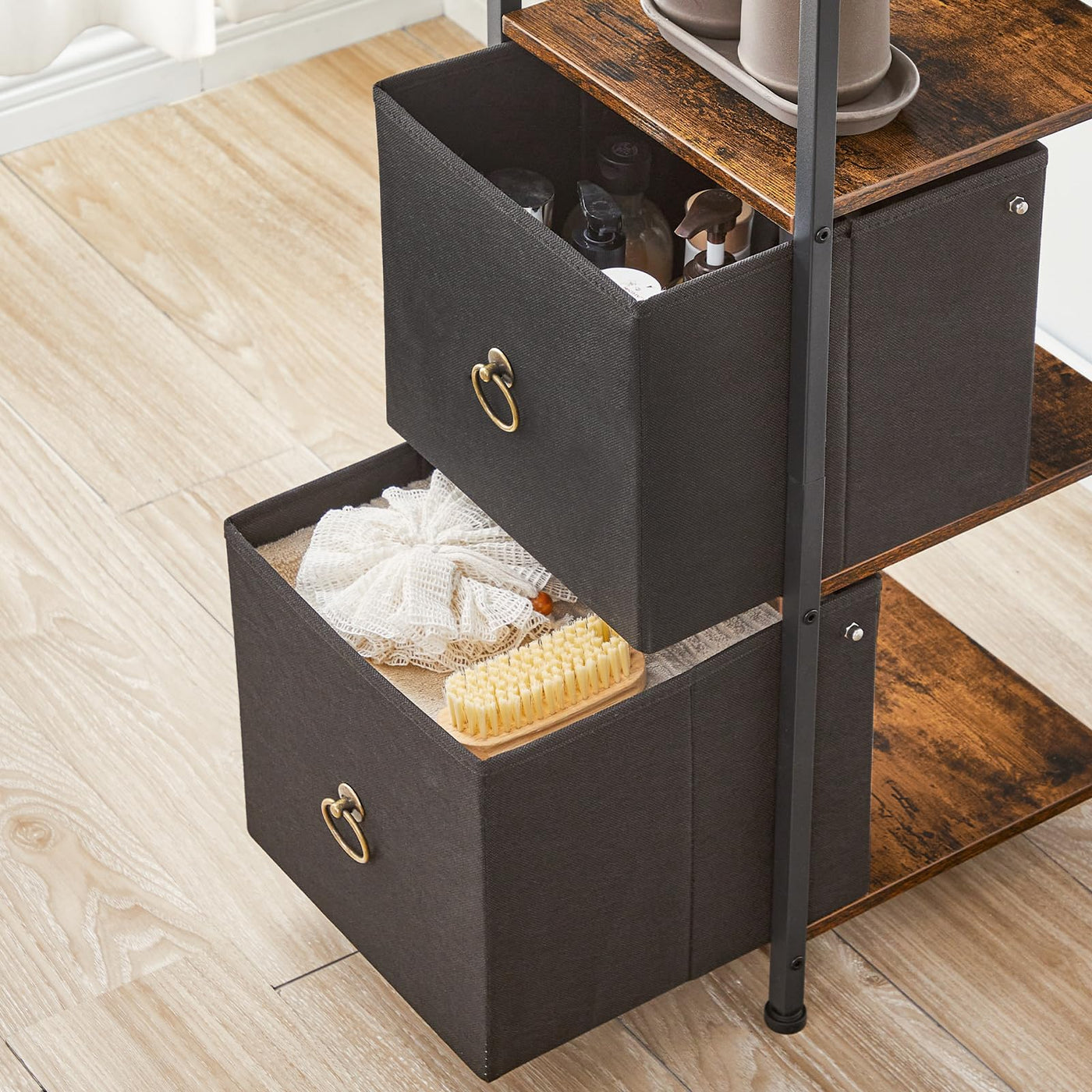 HOOBRO Badezimmerschrank, freistehendes Aufbewahrungsregal für Badezimmer, schmaler Aufbewahrungsschrank, multifunktionaler Hochschrank, 2 Stoffschubladen, Vintagebraun und Schwarz EBF87CW01