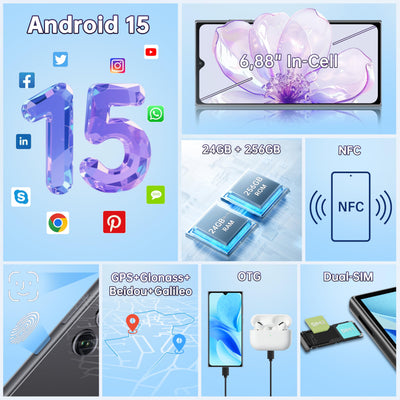 OUKITEL C61 Pro Android 15 Handy Ohne Vertrag, 24GB+256GB/1TB Smartphone Ohne Vertrag, 6,88" HD+ 90Hz Bildschirm 5150mAh Handy, 13MP+5MP Kamera, 4G Dual SIM Smartphone, NFC/Fingerabdruck/Face ID/OTG
