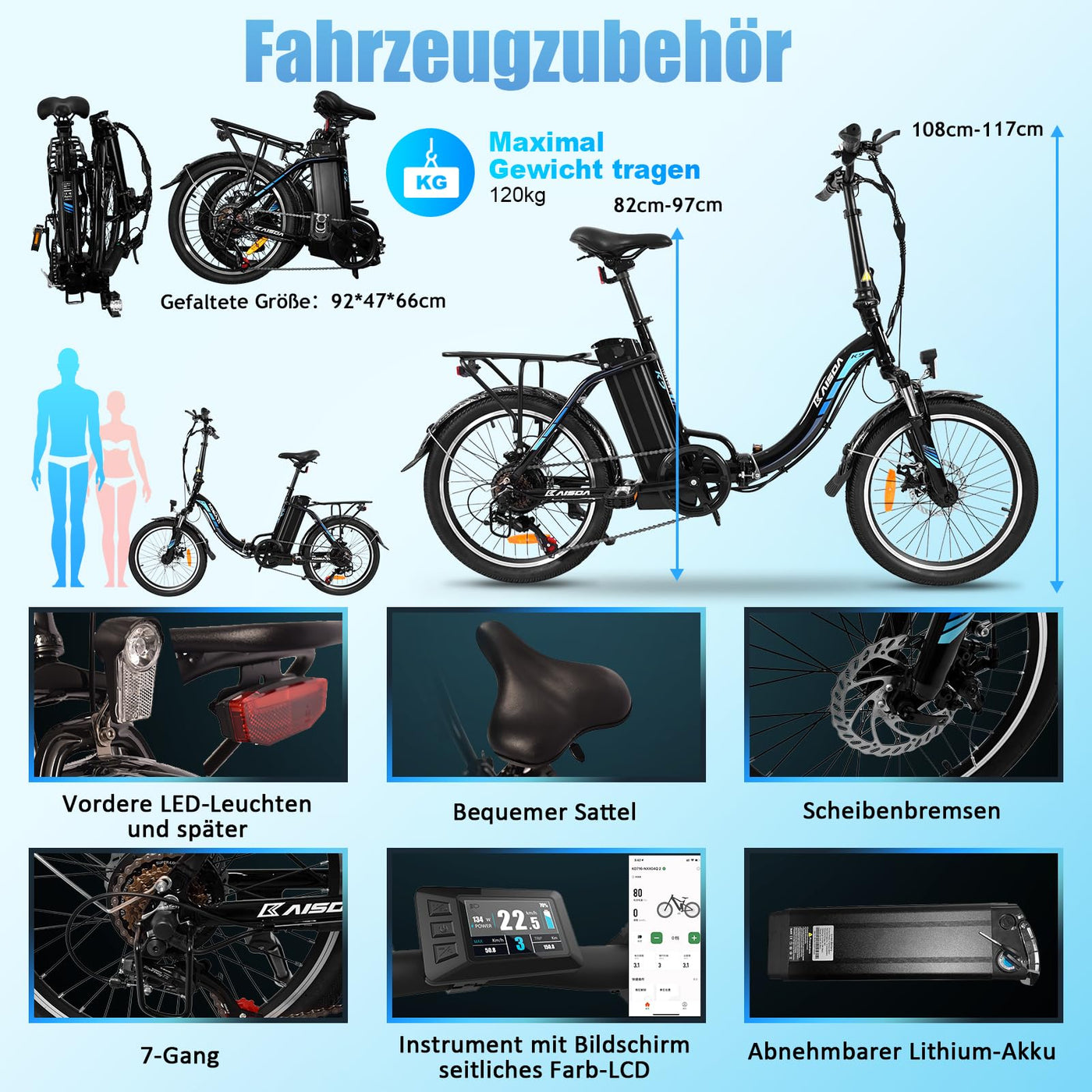 KAISDA E-Bike Klapprad 20 Zoll Elektrofahrrad Mit 250W Motor 36V 13Ah Abnehmbarem Li-ion Akku Bis 100km Distanz,7-Gang,Pedelec Ebike E-Citybike E-Fahrrad Für Erwachsene,Schwarz