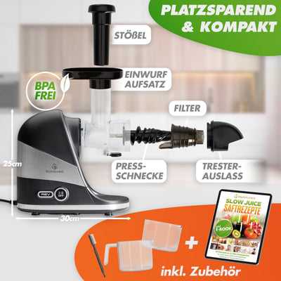 Nutrilovers Slow Juicer Entsafter Obst und Gemüse - Deutsche Marke - Kompaktes Design Edelstahl, 100% BPA-frei, Leichte Reinigung - Inkl. Rezepte-Ebook + Nutri-App