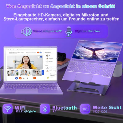 2025 Gaming Laptop 16 Zoll Win11 12+512GB SSD Unterstützung 2TB(HDD-2TB) 1920x1200 Notebook 4-Core Celeron N5095 (bis 2.9GHz) Laptop mit Nummerntastatur WiFi Mini HDMI Deutscher Tastaturschutz-Lila