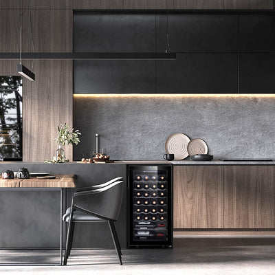 Kalamera Weinkühlschrank, 28 Flaschen 86 Liter, Touch-Bedienfeld, Schwarze Glastür, Verdeckter Griff, 5-18°C Kühlzone, Herausnehmbare Eisenböden, KRC-86FCSS-B