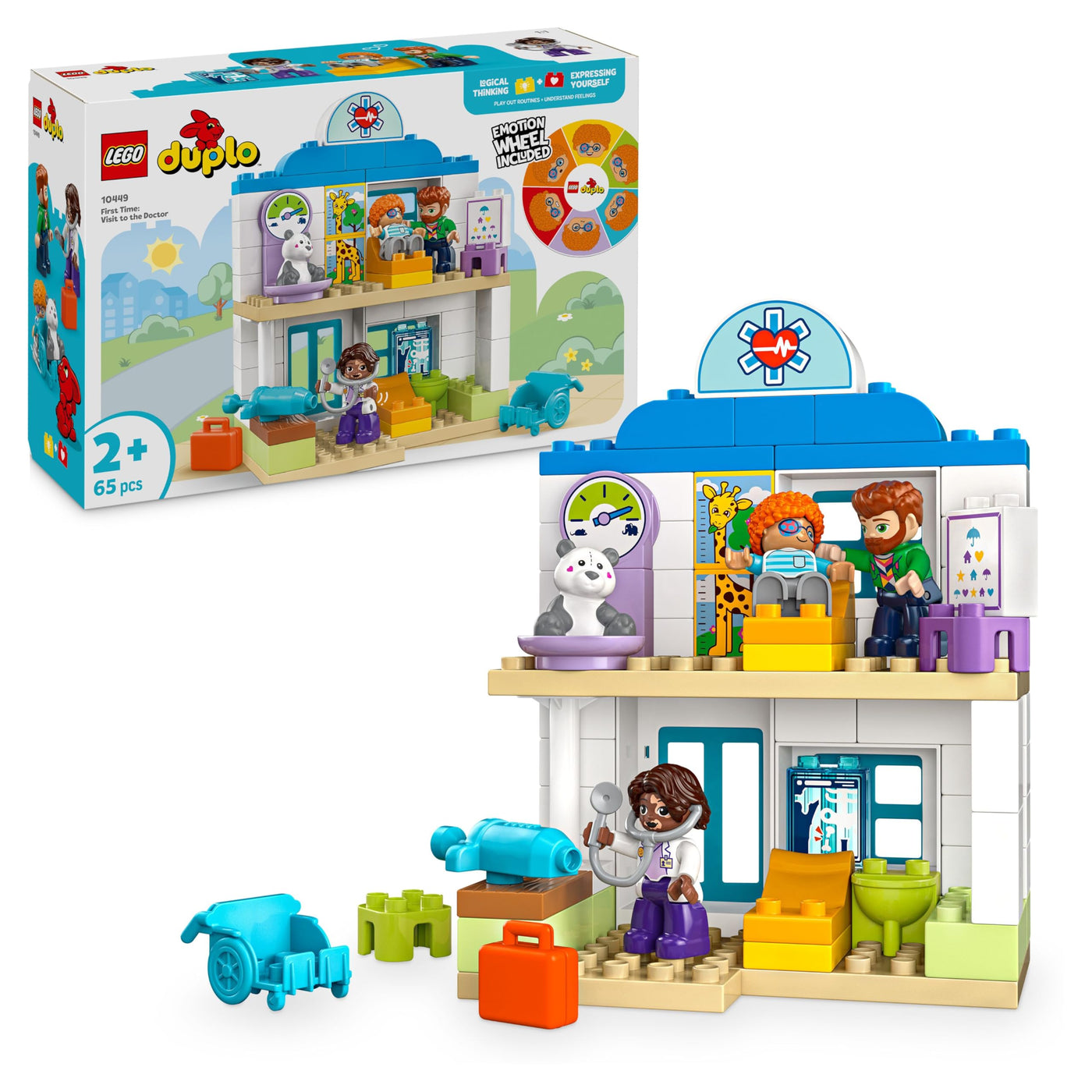 LEGO Duplo Erster Arztbesuch – Lernspielzeug für Mädchen und Jungen ab 2 Jahren – Montessori Spielzeug mit 4 Figuren, Arzt, Teddy, Erwachsener, Kinder und Gefühlskarten – Kinder Geschenk – 10449