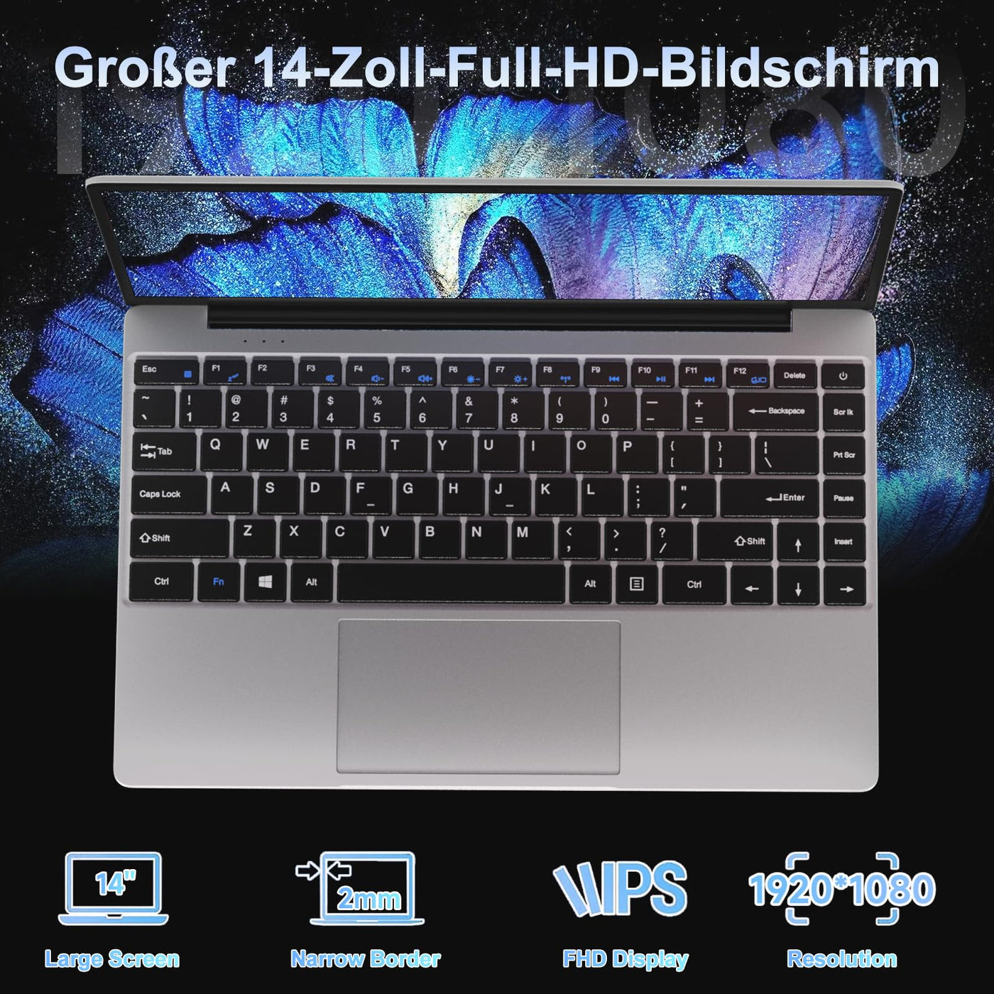 NOTODD 2025 Laptop 14 Zoll Win 11 Pro 6GB RAM 256GB SSD Unterstützung 1TB (TF 1TB) Notebook Celeron N4020 (bis2.8GHz) 5000mAh 1920x1080p WiFi Deutscher Tastaturschutz und kabellose Maus-Silver