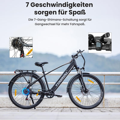 Touroll 27,5 Zoll E Bike, Elektrofahrrad E-Bike Herren Damen mit 36V 15.6Ah 561.6Wh Akku, Bis zu 100KM, 250W Motor, E-Fahrrad mit 7-Gang-Getriebe, Pedelec Citybike EBike für Trekking J1