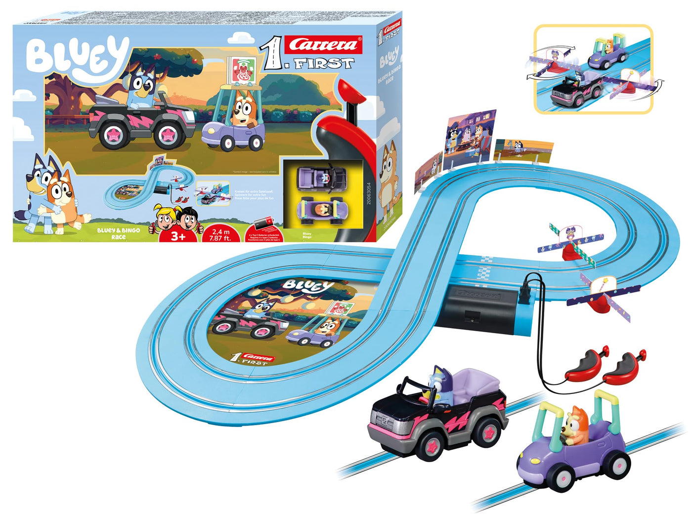 Carrera Bluey & Bingo Race 2,4m Rennstrecken-Set I 2 ferngesteuerte Fahrzeuge mit Bluey und Bingo I mit Handregler & Streckenteilen I Spielzeug für Kinder ab 3 Jahren