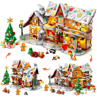 3 Stilmodi Weihnachts Lebkuchenhaus Bausatz mit Lichtern – 2025 Weihnachtsdorf Haus Bausteinset mit Weihnachtsmann Weihnachtsbaumzug Geschenk für Erwachsene Kinder Mädchen Jungen ab 6+ (1477 Teile)