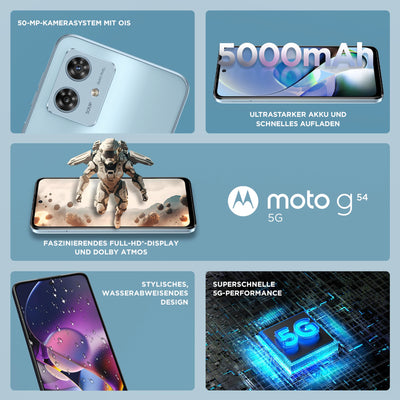 Motorola Mobility Moto g54 5G (6,5"-FHD+-Display, 50-MP-Dual-Kamera, 8/256 GB, 5000 mAh, Android 13) Glacier Blue, inkl. Schutzcover [Exklusiv bei Amazon]