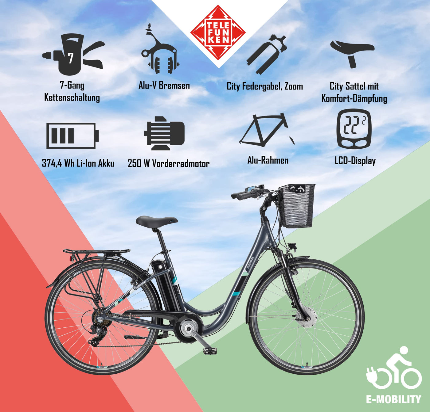 TELEFUNKEN E-Bike Elektrofahrrad Alu 28 Zoll mit 7-Gang Kettenschaltung, Pedelec Citybike leicht mit Fahrradkorb und Fahrradschloss, 250W und 10,4Ah, 36V Sitzrohrakku