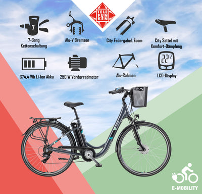 TELEFUNKEN E-Bike Elektrofahrrad Alu 28 Zoll mit 7-Gang Kettenschaltung, Pedelec Citybike leicht mit Fahrradkorb und Fahrradschloss, 250W und 10,4Ah, 36V Sitzrohrakku