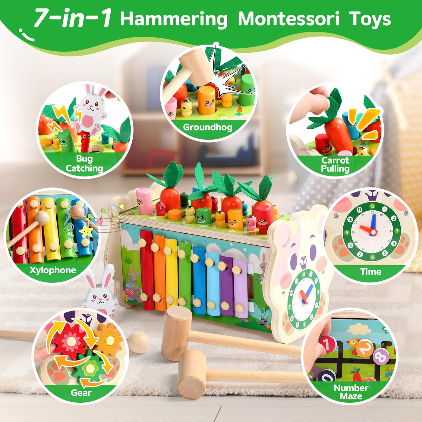 Fajiabao Montessori Spielzeug ab 1 Jahr- 7 in 1 Hammerspiel Holzspielzeug Motorikspielzeug Xylophon Kinder 1 Jahr Lernspielzeug, Kinderspielzeug Geschenk 1 2 Jahr Junge Mädchen Taufgeschenke