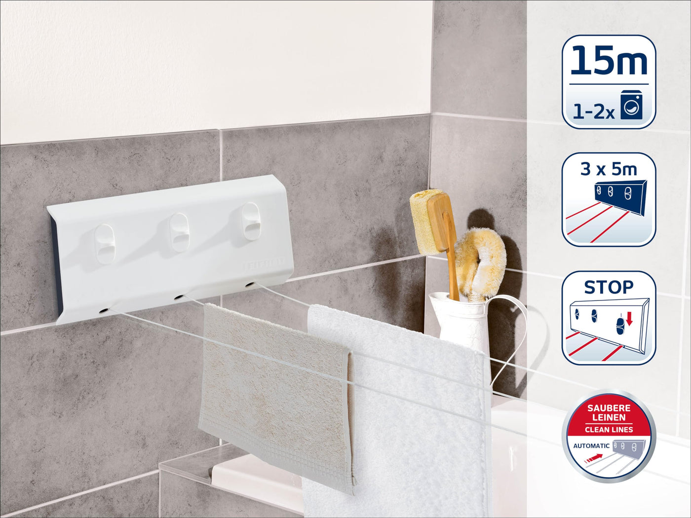 Leifheit Wandtrockner Rollfix Triple 150 Longline, 3 x 5m Wäscheleine, ausziehbarer Wäscheständer, platzsparender Trockner, Wäschetrockner für die Wand, drinnen und draußen, Wäschreck mit Wandmontage